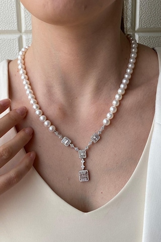 7,5 Mm Kadın Baget Doğal İnci Kolye Bileklik İkili Set Gümüş