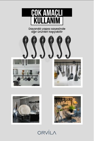 6 Adet - Mutfak Ve Banyo Askısı Yedek Kancası Siyah