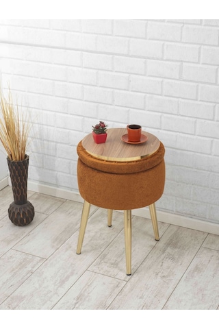 Bella Metal Ayaklı Puflu Teddy Kumaş Sehpa Altın Turuncu Gold Orange