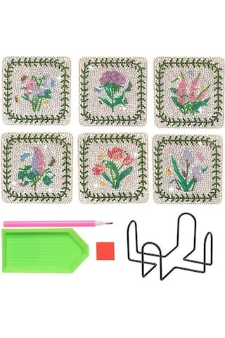 Elmas Boyama Coaster Seti Kullanımı Kolay Dıy Craft Çiçek Desenli Coaster Diğer