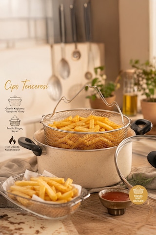 Porsima 4404 3 Parça Granit Kızartma Cips Tenceresi 22cm 2lt Krem