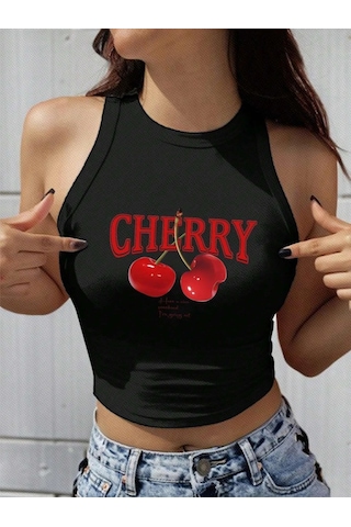 Afri Kadın Siyah "Cherry" Baskılı Kolsuz Crop Atlet - Yazlık Sokak Stili Siyah
