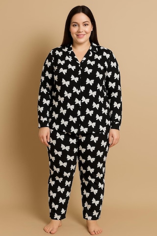 Kadın 20703 Büyük Beden Düğmeli Pijama Takımı Siyah Siyah