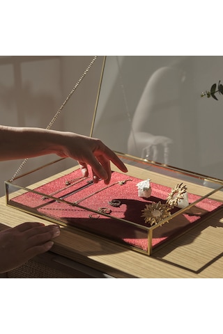 Kadife Tabanlı Cam Kutu Takı, Aksesuar, Sunum Kutusu Pirinç