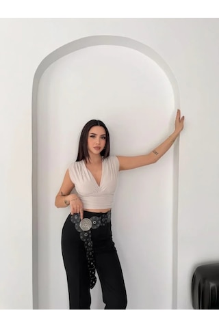 Efnaz Style Vatkalı Kolsuz V Yaka Drapeli Crop Bluz Likralı Fit - Boyalı Gri