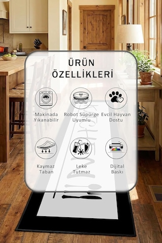 Tr Gri Siyah Mutfak Halısı Kitchen - Yıkanabilir, Kaymaz Taban, Dijital Baskılı, Leke Tutmaz, Tezgah Önü Paspası Genel