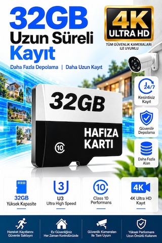 32 Gb Hafıza Kartı Faster Transfer Speed Class 10 4k Video Kayıt Güvenlik Kamera Uyumlu