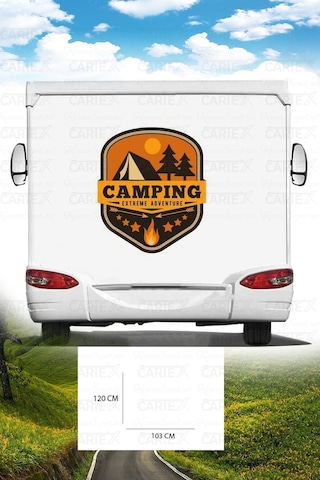 Karavan Kamp Baskı Sticker - Macera Sticker - Ateş Sticker - Ağaç Sticker - 103x120 Cm