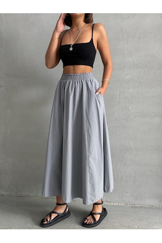 Kadın Beli Lastikli Dokuma Kloş Etek Gri