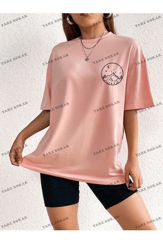 Flood Of Style Unisex Bay Güneş Ve Ay Desenli Düşük Omuz Tişört Kod-1350 Pembe
