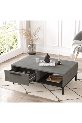 Robin Home Diego Orta Sehpa Metal Ayaklı Çekmeceli Beton Siyah