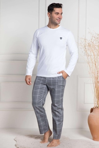 Mecit Pijama Mecit 3054 Erkek Beyaz Ekoseli Büyük Beden Pijama Takımı Beyaz