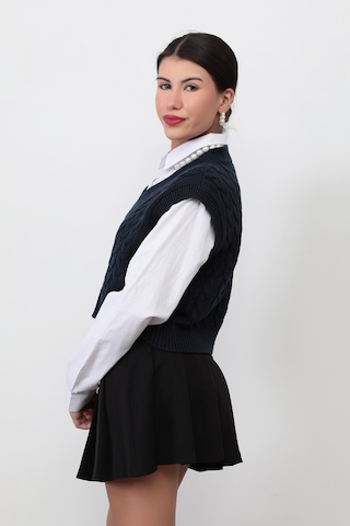Giysa Kadın Lacivert V Yaka Saç Örgü Desenli Crop Triko Süveter - 4007 Lacivert