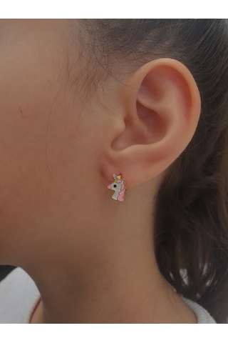 925 Ayar Gümüş Altın Kaplama Pembe Unıcorn Çocuk Küpesi