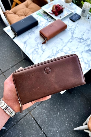 Tigan Unisex Antik Kahve Çift Fermuarlı Hakiki Deri Telefon Cüzdanı El Çantası Kahverengi
