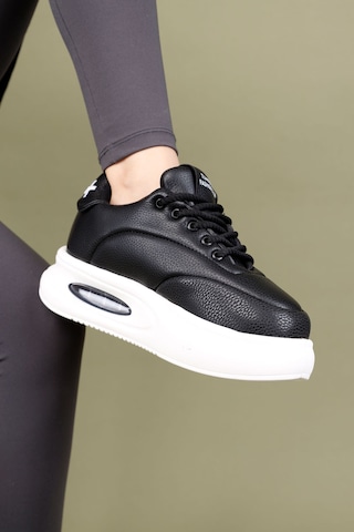 Markasende Erg Kadın Siyah Beyaz Air Kalın Tabanlı Sneaker Rahat Spor Ayakkabı Deri Görünümlü Siyah