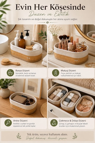 3'lü Bambu Organizer Sepeti İçi Kumaş Mutfak Banyo Dolap İçi Düzenleyici Sepetleri