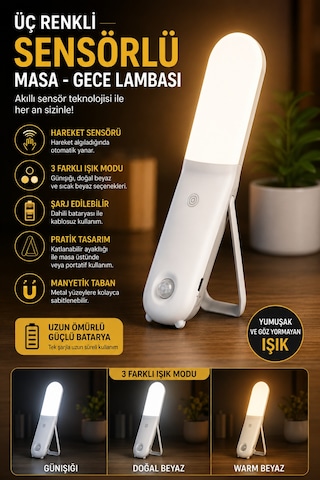 Şarjlı Sensörlü Led Gece Lambası 3 Renk Dokunmatik Manyetik Askılı Masaüstü Dolap Lambası Sensörlü Beyaz