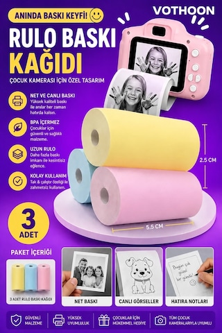Çocuk Fotoğraf Makinesi Yedek Termal Baskı Kağıdı Renkli 3 Lü Rulo 57x25mm Najmaddin