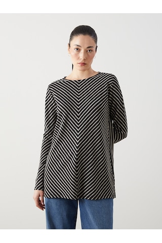 Lcwaıkıkı Classic Siyah Bisiklet Yaka Çizgili Oversize Kadın Tunik