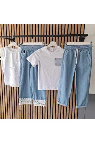 Sy Store Beyaz Bluz & Denim Pantolon Takımı Beyaz-mavi
