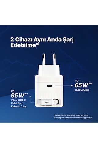 Ttec Smartcharger Gan 65W PD Seyahat Hızlı Şarj Aleti USB-C + Dahili PD 65W 70 CM USB-C Şarj Kablosu