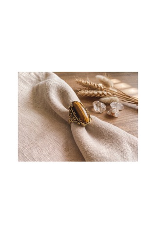 Esoo Jewelry Vintage Tasarım Kehribar Kahve Doğal Taşlı Ayarlanabilir Kadın Yüzük - Antik Gold Görünümlü