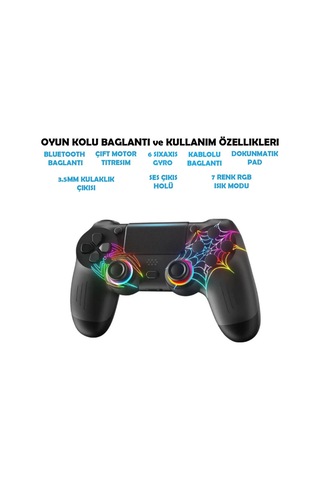 Ps4/pc Uyumlu Rgb Çift Motor Titreşimli Spiderman Bluetooth Oyun Kolu