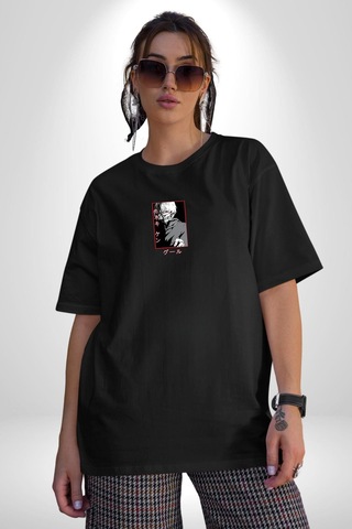 Kaneki Ken Kuma Japon Anime Şeytan Siyah Oversize Unisex Ön Orta Minimal Baskılı Tişört Siyah