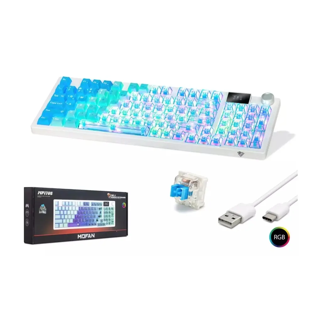 Mofan Mf1705m Kablosuz Mekanik Gaming Klavye Rgb Blue Switch 95 Tuş - Mavi Beyaz