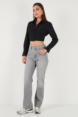 Lela Fitted Fit Pamuklu Korse Detaylı Uzun Kollu Crop Bayan Gömlek 611Go00376 Siyah