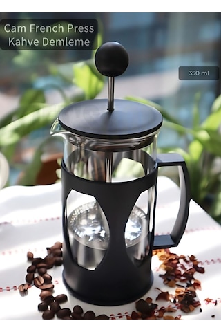 Cam French Press Kahve Demleme Paslanmaz İç Yapı Siyah 350 Ml Siyah