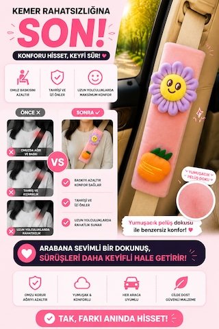 Çiçek Ve Meyveli Pembe Emniyet Kemeri Aksesuarı - Emniyet Kemeri Kılıfı - Araç Emniyet Kemeri Omuz Koruyucu 1 Adet