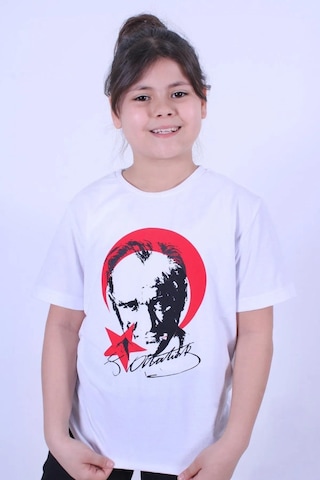 Atatürk Baskılı İmzalı Beyaz Kırmızı Unisex Çocuk T-shırt-beyaz Kırmızı Beyaz - Kırmızı