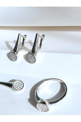 Gümüş Pave Sövalye Tasarım Kolye Küpe Yüzük Kadın Set
