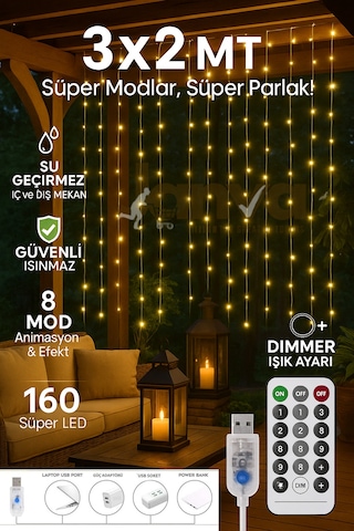Usb Perde Peri Led Kumandali Dekoratif Su Geçirmez Sarı 3x2 Metre Sarı