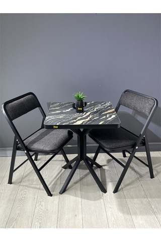 Mercan Luanda Mermer 2 Kişilik Kare Mutfak Yemek Masası Takımı 2+1 Keten Gri 60 Cm Luanda Gri 2'li