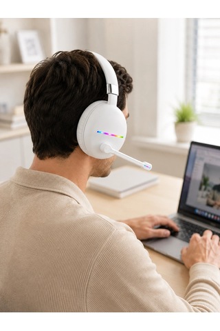 Beyaz Bluetooth 5.0 Mikrofonlu Kablosuz Kulak Üstü Kulaklık Rgb Işıklı Typec Şarjlı