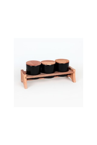 Keramika Ahşap Standlı Mat Siyah Ege Saklama Kabı 10 Cm 4 Parça Mat Siyah