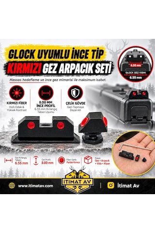 Glock Uyumlu İnce Tip Kırmızı Fiber Optik Gez Arpacık Seti