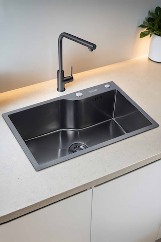 Yuna Serisi %100 Krom 68x45 Paslanmaz Mutfak Eviyesi, Mutfak Lavabosu Sifon Dahil Siyah