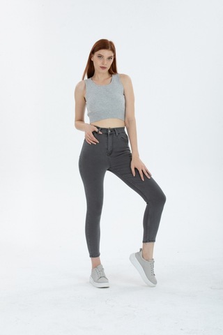 Yüksek Bel Gri Skinny Jean Pantolon Gri