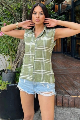 Kadın Haki Ekose Desen, Dokulu Bodrum Kumaş, Kolsuz Rahat Gömlek Haki