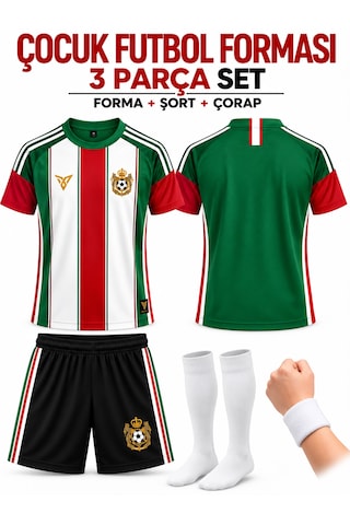 Yenteks İsim Yazılır Çocuk Futbol Forması Yeşil Beyaz T Özel Tasarım 4 Parça Forma+şort+çorap+bileklik Beyaz - Yeşil