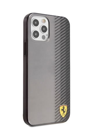 Apple Uyumlu iPhone 12 Pro Max Kılıf Ferrari Lisanlı Klasik Metal Logolu Transparan Çizgi Desenli Gradient Siyah