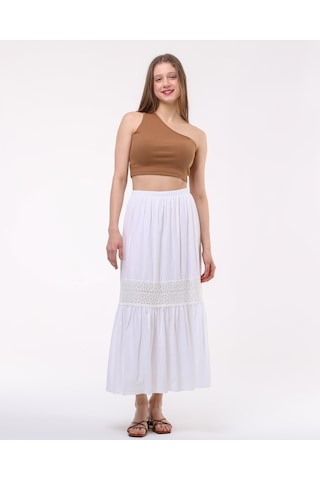 Güpür Detaylı Astarlı Uzun Etek-521-beyaz Beyaz