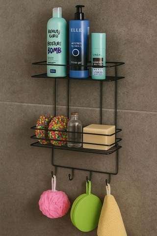 Sas Haus 2 Katlı Siyah Kancalı Banyo Duş Rafı, Şampuanlık, Lif/kese Askılı, Paslanmaz Metal, Banyo Düzenleyici - Tş-02 Siyah