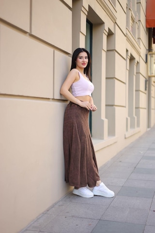 Eren Style Bohem Yıkamalı Parçalı Beli Lastikli Astarlı Uzun Koton Etek Kahverengi