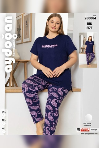 Aydoğan Kadın İnci Büyük Beden Kısa Kol Lacivert Pijama Takım 0064 Lacivert