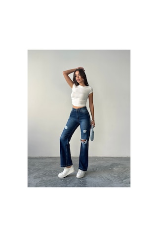 Blue Marlin Kadın Lazer Yırtık İşlemli Boyfriend Kot Bol Paça Pantolon Lacivert